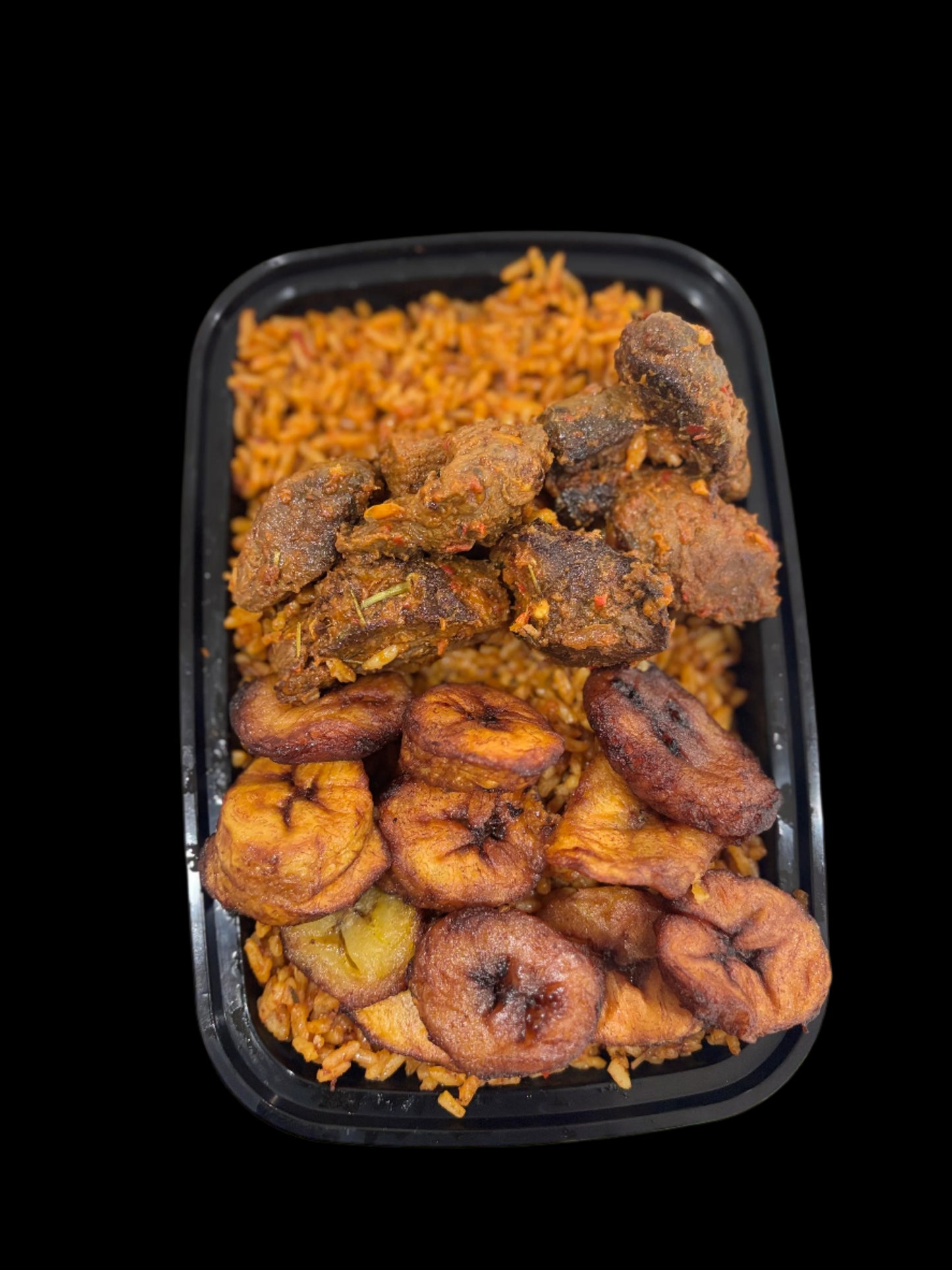 Jollof rice / Peppered Beef Bites / Sweet Plantains