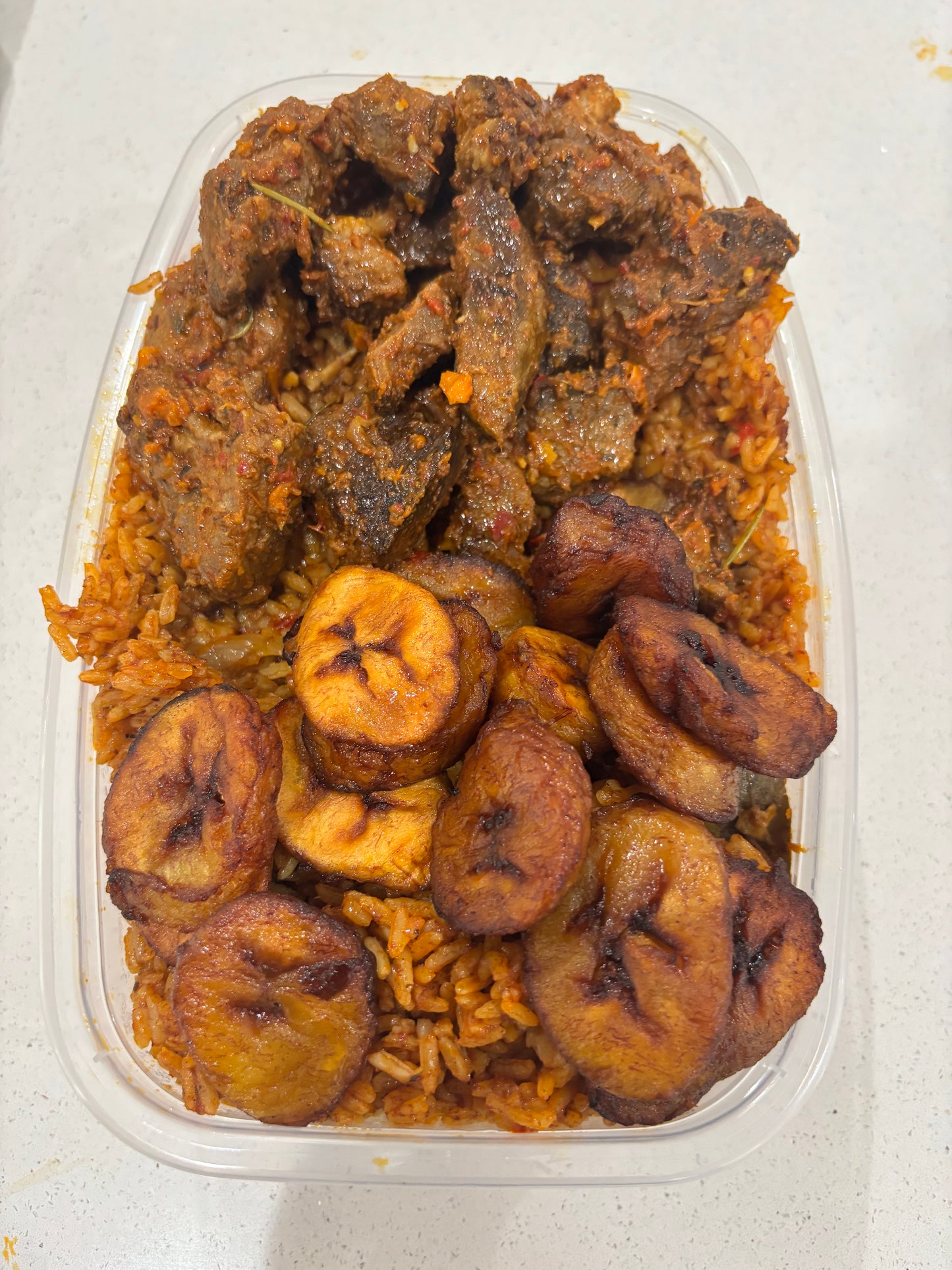 Jollof rice / Peppered Beef Bites / Sweet Plantains