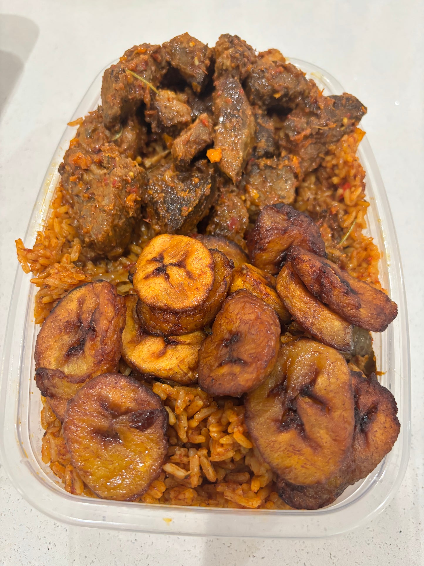 Jollof rice / Peppered Beef Bites / Sweet Plantains