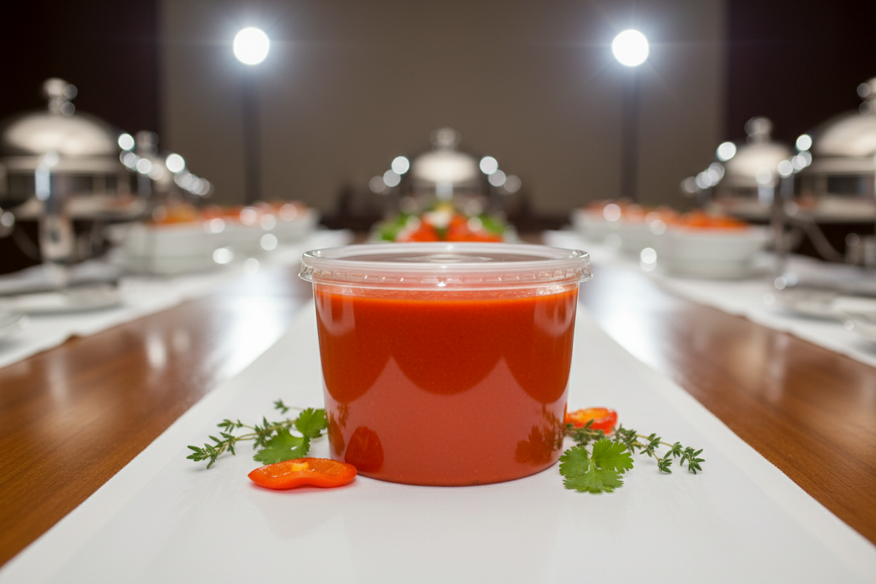 A professional catering presentation of West African pepper sauce served in a 10 oz clear container. Smooth, vibrant red-orange sauce with a glossy finish, no visible chunks. Container neatly filled with a sealed lid, placed on a clean catering table. Bright, sharp lighting, realistic texture, upscale corporate catering aesthetic.