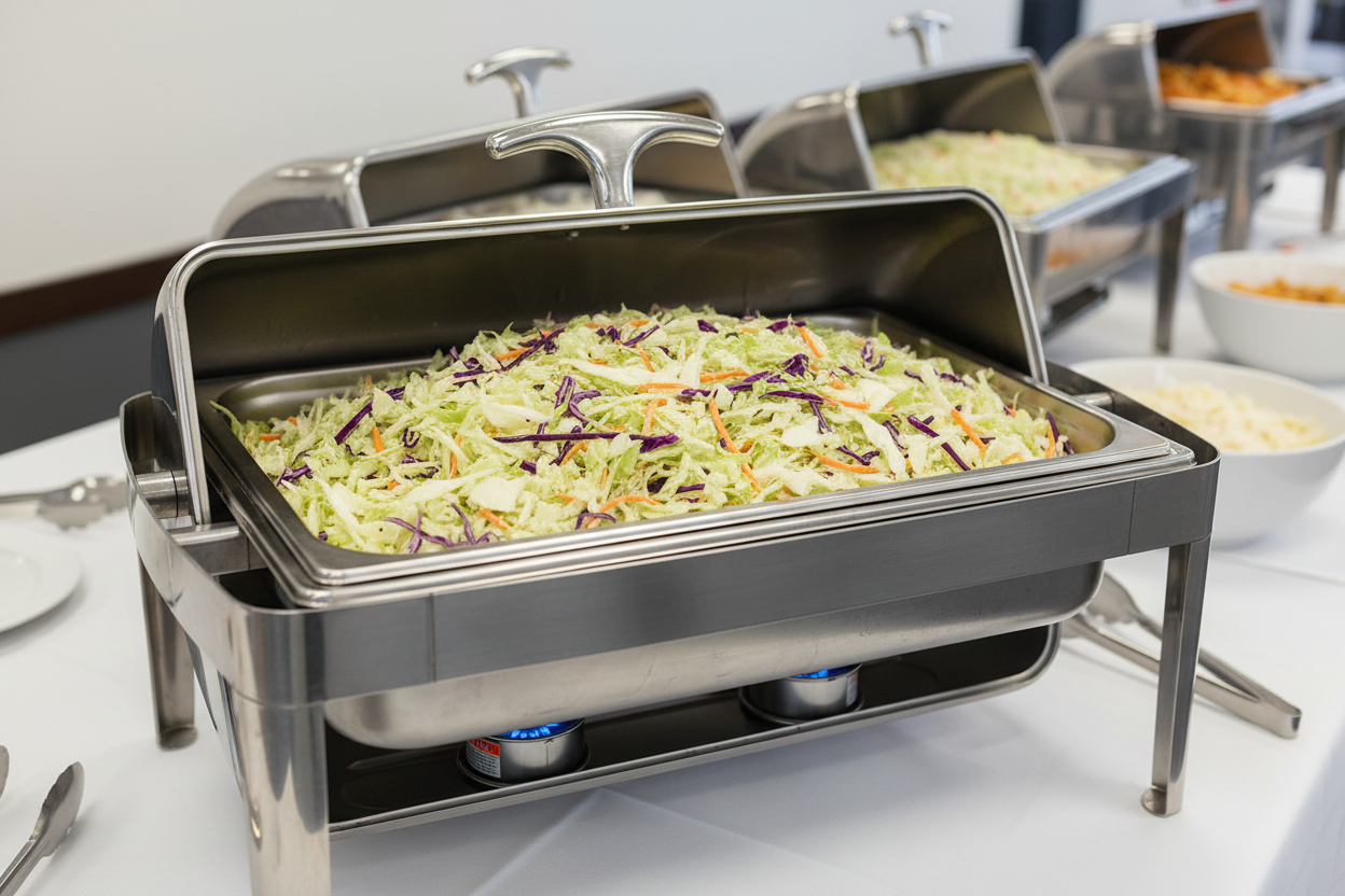 A stainless steel chafing dish with the lid open, holding a neatly filled steam-table pan of fresh, creamy coleslaw. Shredded green and purple cabbage with carrots, lightly coated in glossy dressing. Clean catering table setup, Sterno visible, bright lighting, professional corporate catering style.