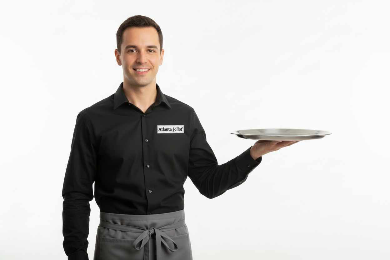 Keep the image unchanged. Add a small label on the black shirt that reads "Atlanta Jollof"