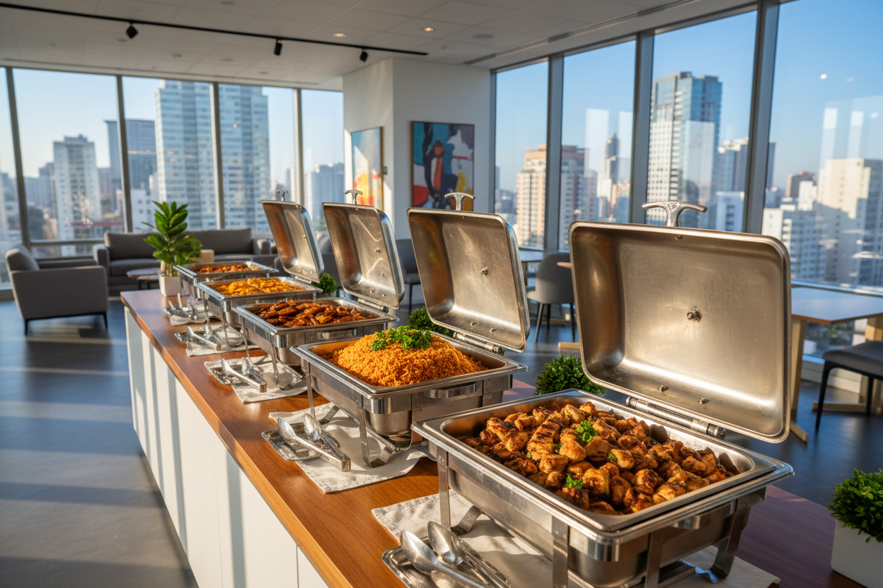 Professional catering buffet setup in a bright, contemporary office lounge. No people present. A focused, inviting arrangement of rectangular stainless steel chafing dishes featuring vibrant Jollof rice, golden fried plantains, and grilled chicken breast pieces cut into bite-sized cubes. Elegant serving spoons. Large windows with a city view in the background. Natural daylight. Photorealistic 4k.