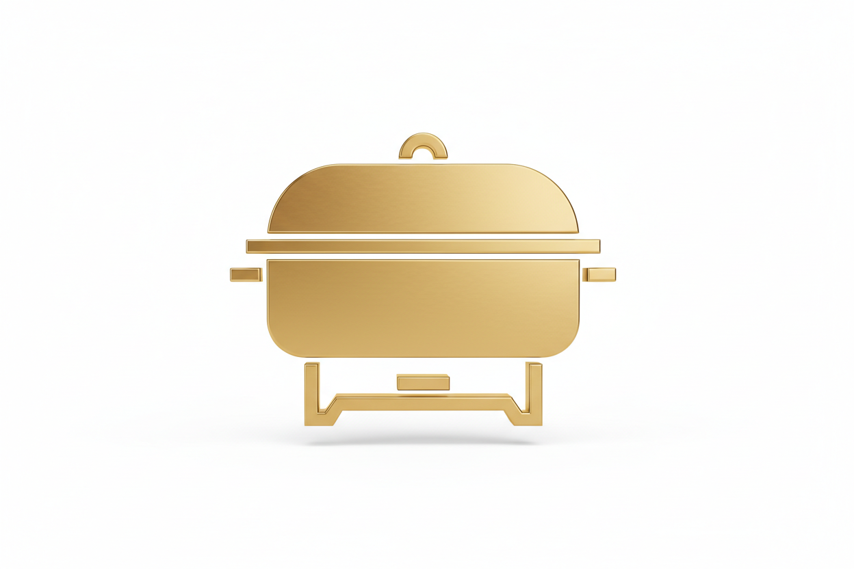 3D gold rendered icon of a catering chafing dish (or delivery truck), minimalist, white background, high quality.