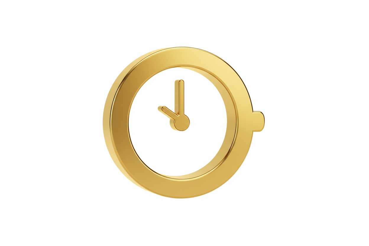 3D gold rendered icon of a clock, front view, minimalist, white background, high quality