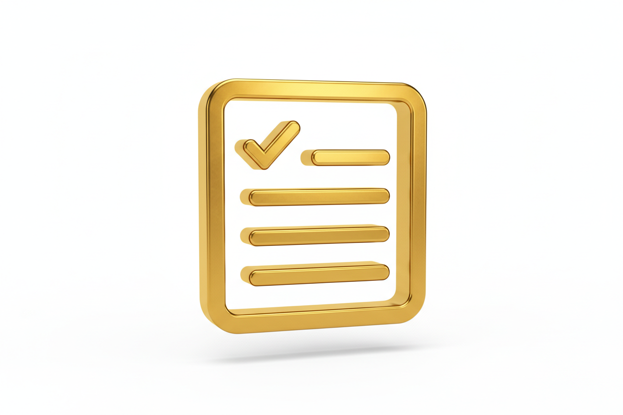3D gold rendered icon of a Minimalist gold line icon of a checklist on a white background. High quality, vector style.