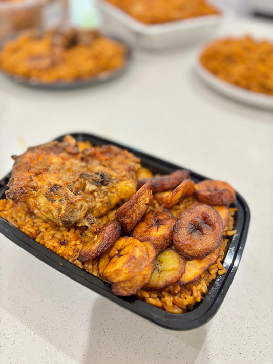 Jollof rice / Peppered Chicken Drumsticks / Sweet plantain