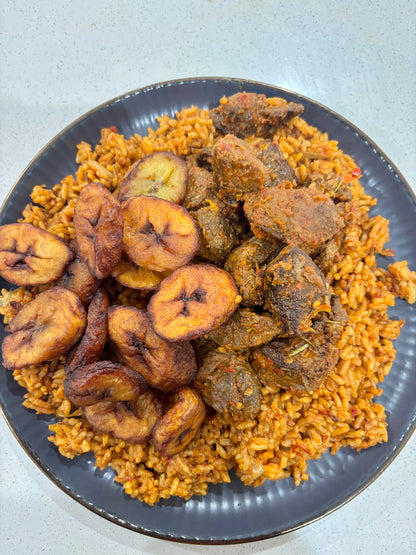 Jollof rice / Peppered Beef Bites / Sweet Plantains