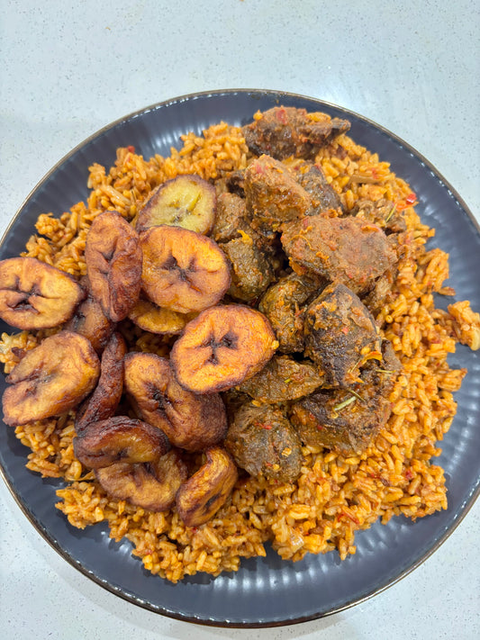 Jollof rice / Peppered Beef Bites / Sweet Plantains