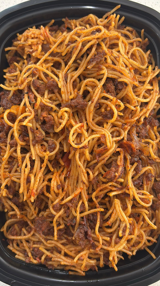 Spaghetti Jollof + Ground Beef
