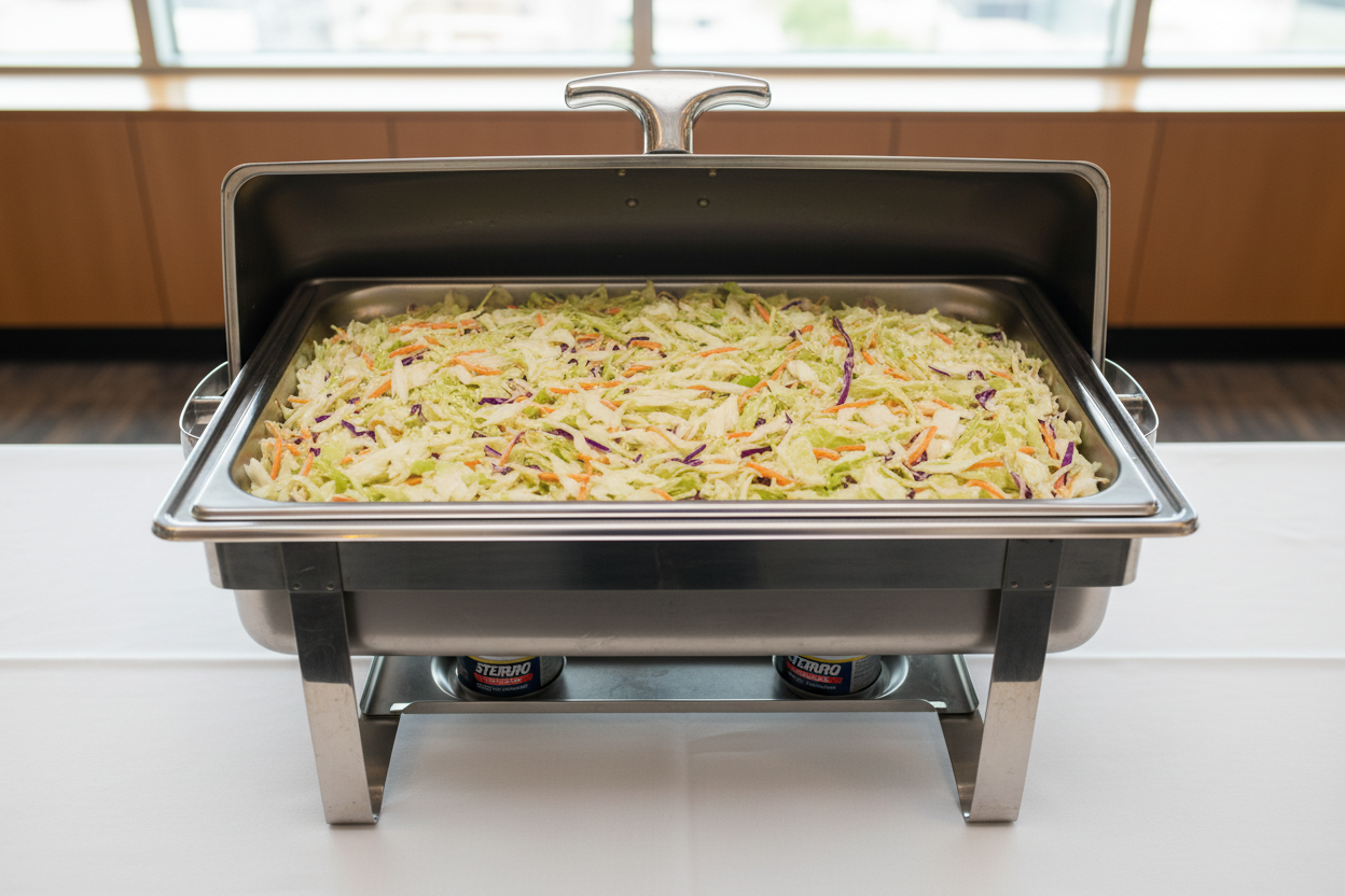 A high-quality corporate catering setup featuring a stainless steel chafing dish with the lid open, holding a full steam-table pan of fresh, creamy coleslaw. Finely shredded green cabbage, carrots, and purple cabbage evenly mixed and lightly coated in a smooth, glossy coleslaw dressing. The coleslaw is neatly leveled in the pan with clean edges, no spills. The chafing dish sits on a professional catering table with a white tablecloth, Sterno fuel visible below. Shot from a slightly elevated angle. Bright, c