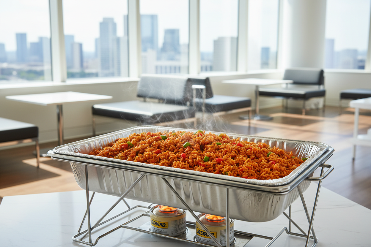 A photorealistic, high-end corporate catering setup in a modern, bright office lounge. No people. Focus on a single, professional disposable chafing dish setup: a full-size aluminum steam table pan sitting securely in a wire rack above visible Sterno heating fuel. The pan is filled with an abundant mound of vibrant Heritage Stewed Tomato Rice (Authentic Jollof), steaming hot. Large windows with a city view in the background. Natural daylight. 4k resolution
