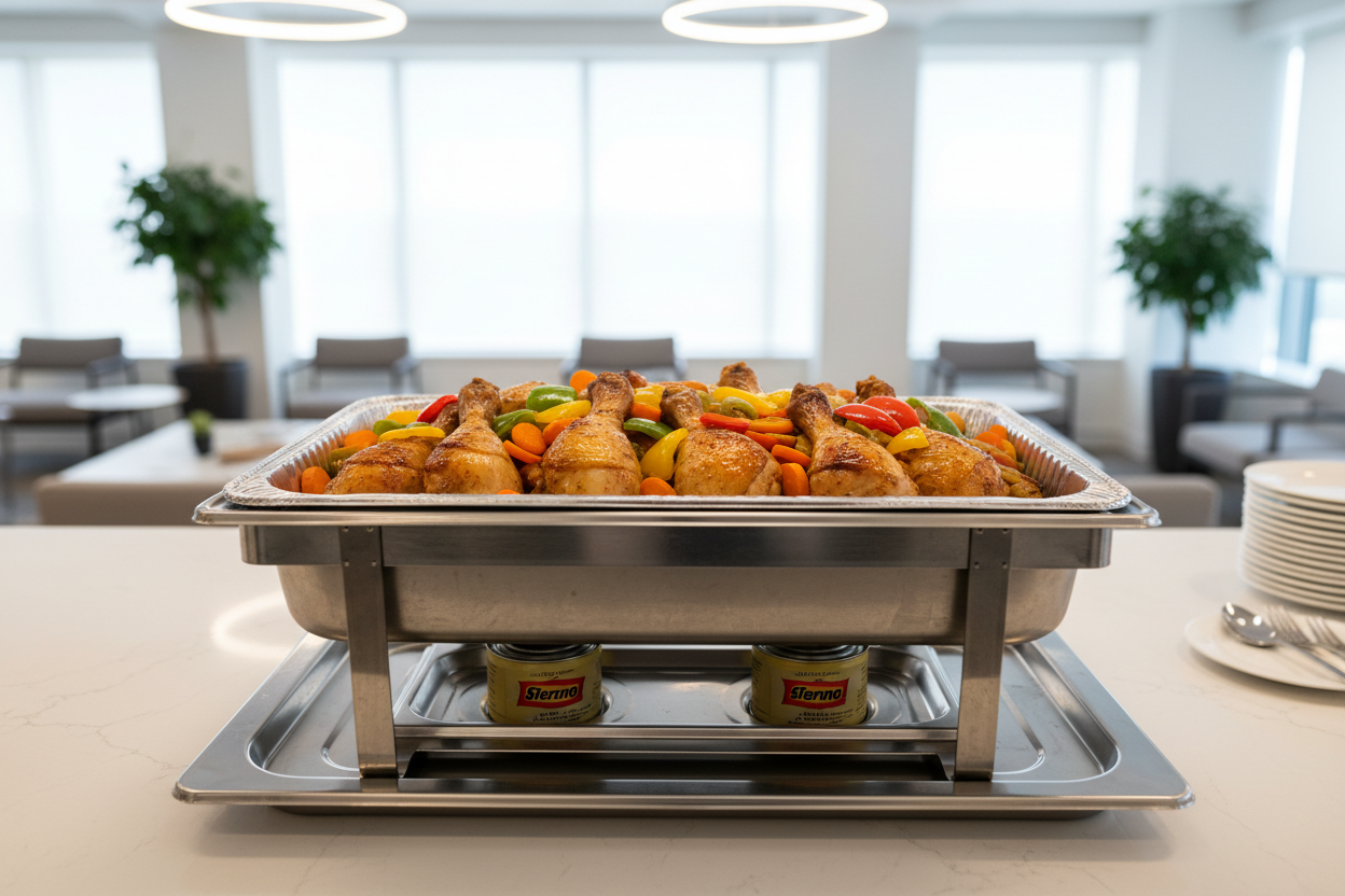 A photorealistic, high-end corporate catering setup in a modern, bright office lounge. No people. Focus on a single, professional disposable chafing dish setup: a full-size aluminum steam table pan sitting securely in a wire rack above visible Sterno heating fuel. The pan is filled with abundant, juicy Citrus Chicken drumsticks, with golden-brown glistening skin. The chicken is braised amongst tender pieces of cooked onions, sliced carrots, and vibrant tri-color bell peppers (red, green, and yellow slices).