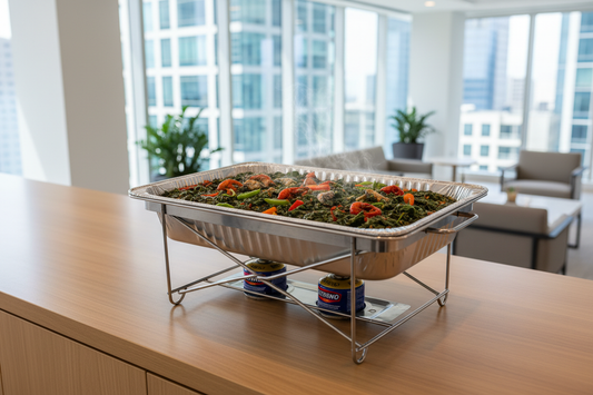 A photorealistic, high-end corporate catering setup in a modern, bright office lounge. No people. Focus on a single, professional disposable chafing dish setup: a full-size aluminum steam table pan sitting securely in a wire rack above visible Sterno heating fuel. The pan is filled with abundant Efo Spinach Stew, a deep green, rich stew with visible wilted spinach leaves and traditional seasonings. Steaming hot. Large windows with a city view in the background. Natural daylight. 4k resolution.