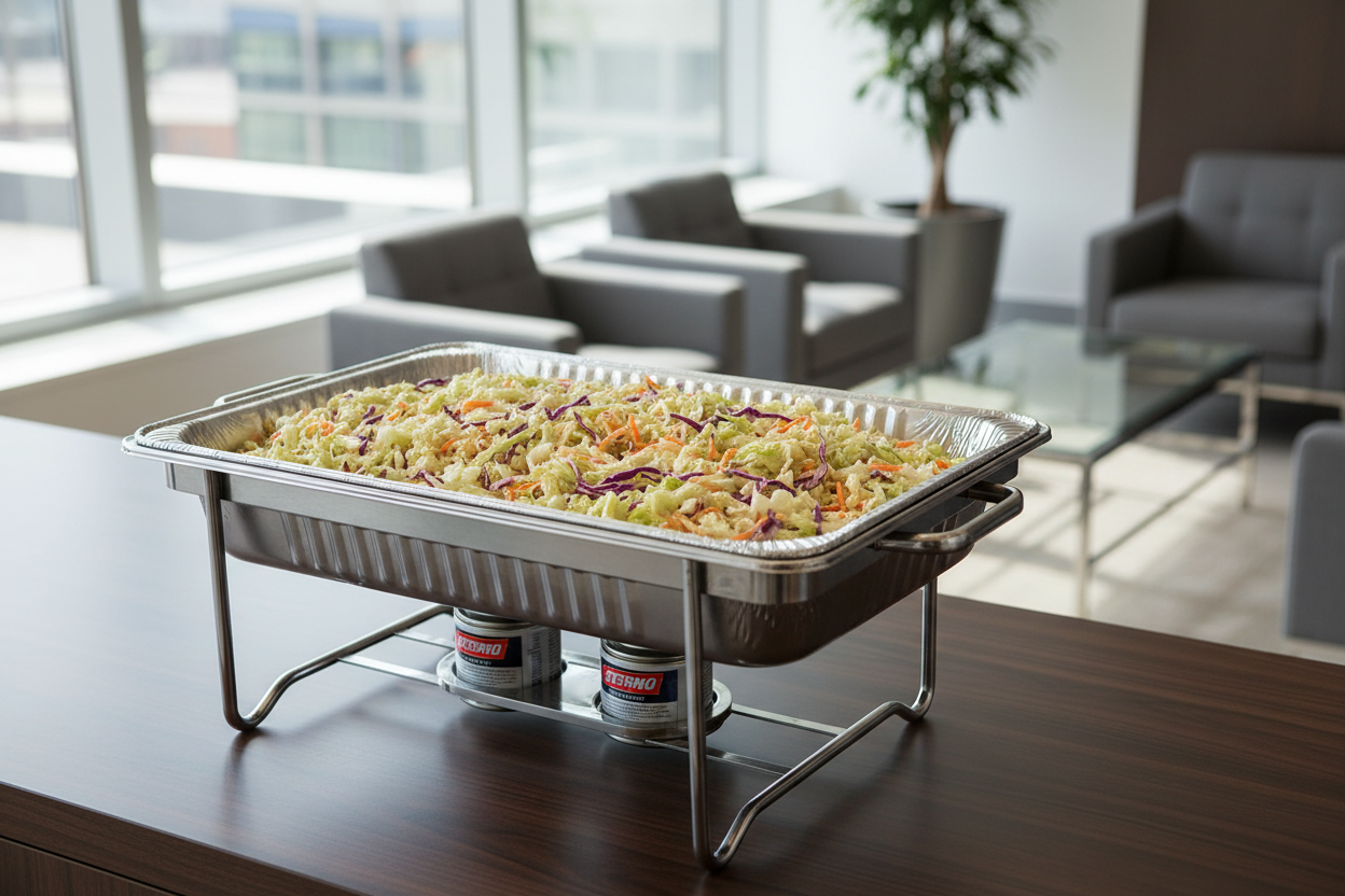 A photorealistic, high-end corporate catering setup in a modern, bright office lounge. No people. Focus on a single, professional disposable chafing dish setup: a full-size aluminum steam table pan sitting securely in a wire rack. Below the pan, Sterno heating fuel cans are present but unlit, indicating a cold serving. The pan is filled with abundant, vibrant Coleslaw salad, a crisp mix of finely shredded green and purple cabbage and carrots lightly coated in a creamy dressing, looking chilled and fresh. La
