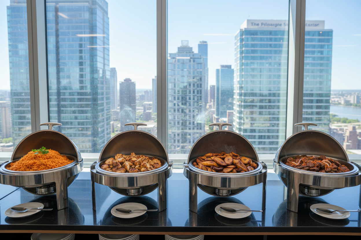 A professional photograph of a corporate catering buffet in a modern, bright office lounge with large windows and city views. Four polished stainless steel chafing dishes are lined up on a long black counter. The first chafing dish on the left contains vibrant orange-red Jollof rice. The second dish contains grilled chicken breast, cut into small, bite-sized cubes. The third dish contains golden-brown fried plantain slices. The fourth dish on the right contains spicy grilled beef (suya), cut into small, bit