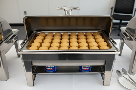 A stainless steel chafing dish with the lid open, holding a full steam-table pan of Spiced Bean Terrine (Moi Moi) formed into small, smooth, rounded muffin-style portions with no ridges. Uniform golden-beige surface, soft refined texture, neatly arranged. Clean catering table setup, Sterno visible, bright lighting, upscale corporate catering style.