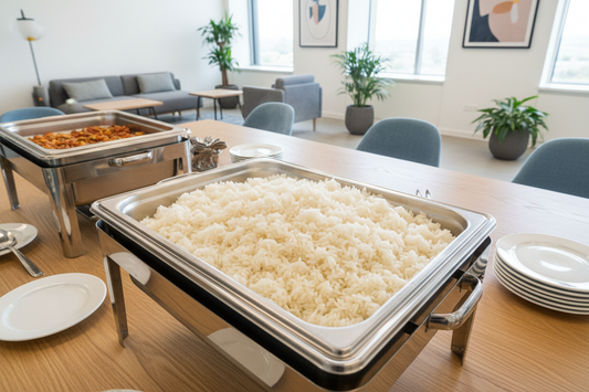 High-angle shot of a single rectangular stainless steel chafing dish filled with fluffy white long-grain steamed rice. The dish is set on a table in a brightly lit modern office lounge environment.