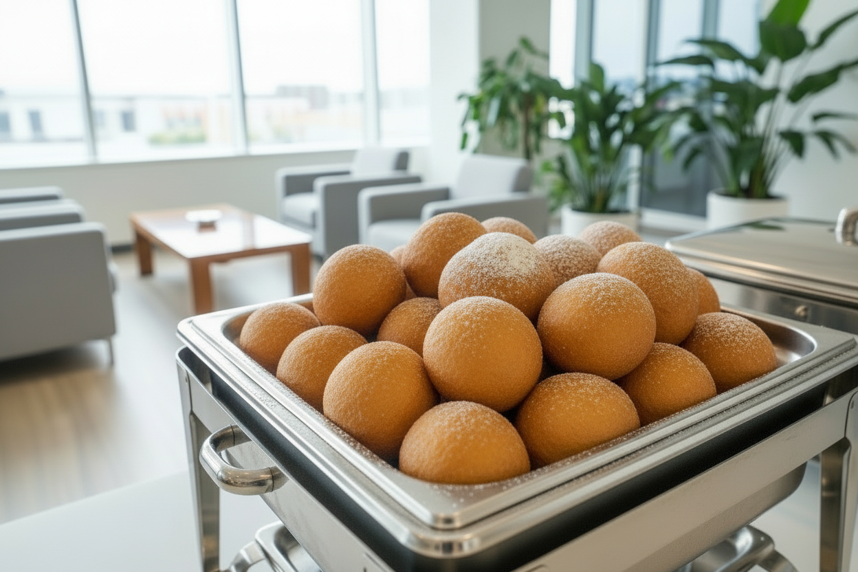 Keep the picture unchanged. Make the beignets look slightly browner and 10% smaller in size