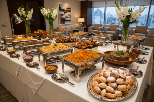 Lavish corporate event catering spread in office lounge. expansive buffet setup with multiple rectangular silver chafing dishes. Assortment of Jollof rice, fried rice, various meats, rich stews, bean terrine, and a large tray of powdered sugar beignets. Elegant decor, premium setup. Wide angle shot.