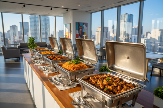Professional catering buffet setup in a bright, contemporary office lounge. No people present. A focused, inviting arrangement of rectangular stainless steel chafing dishes featuring vibrant Jollof rice, golden fried plantains, and grilled chicken breast pieces cut into bite-sized cubes. Elegant serving spoons. Large windows with a city view in the background. Natural daylight. Photorealistic 4k.