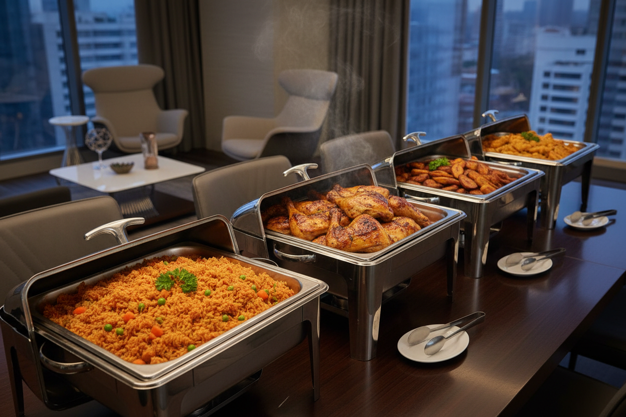 Professional catering photography, a neat buffet setup on an office lounge table. Stainless steel chafing dishes hold vibrant Jollof rice, glazed grilled chicken pieces, and fried sweet plantains. Warm ambient office lighting. No individual plates.